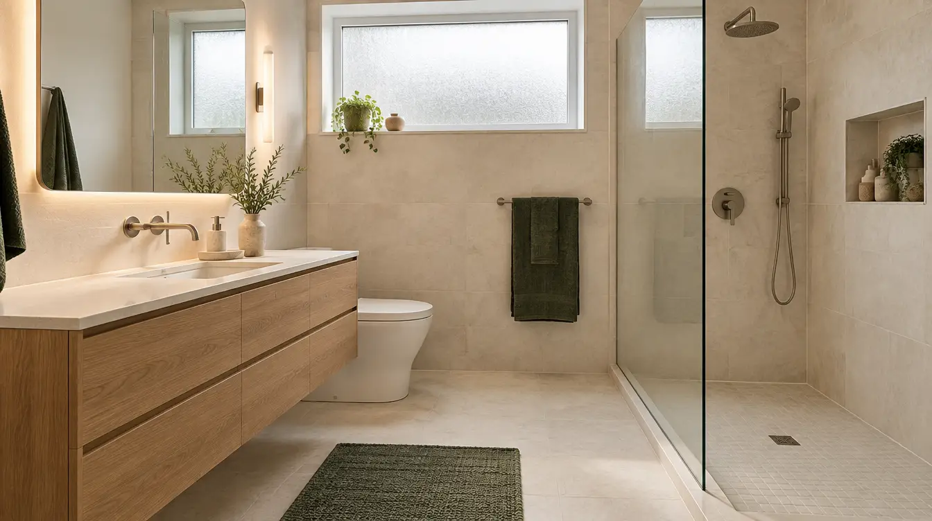 Representative bathroom with oak vanity, pale tile and soft mirror lighting