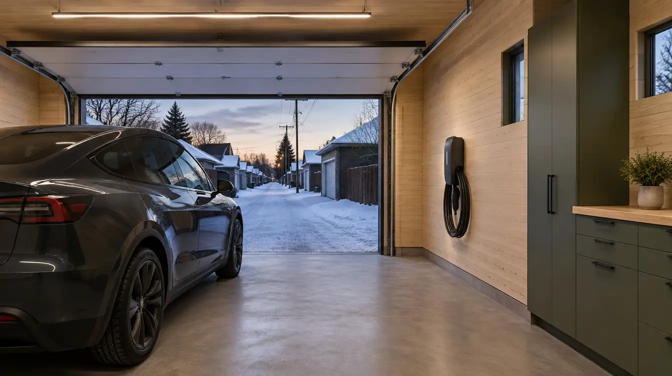 Representative detached garage with an electric vehicle, closed charger and neatly stowed cable