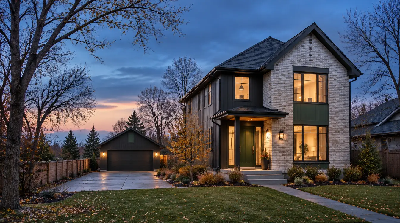 Representative infill-style home and detached garage at dusk on a flat, tree-lined residential lot
