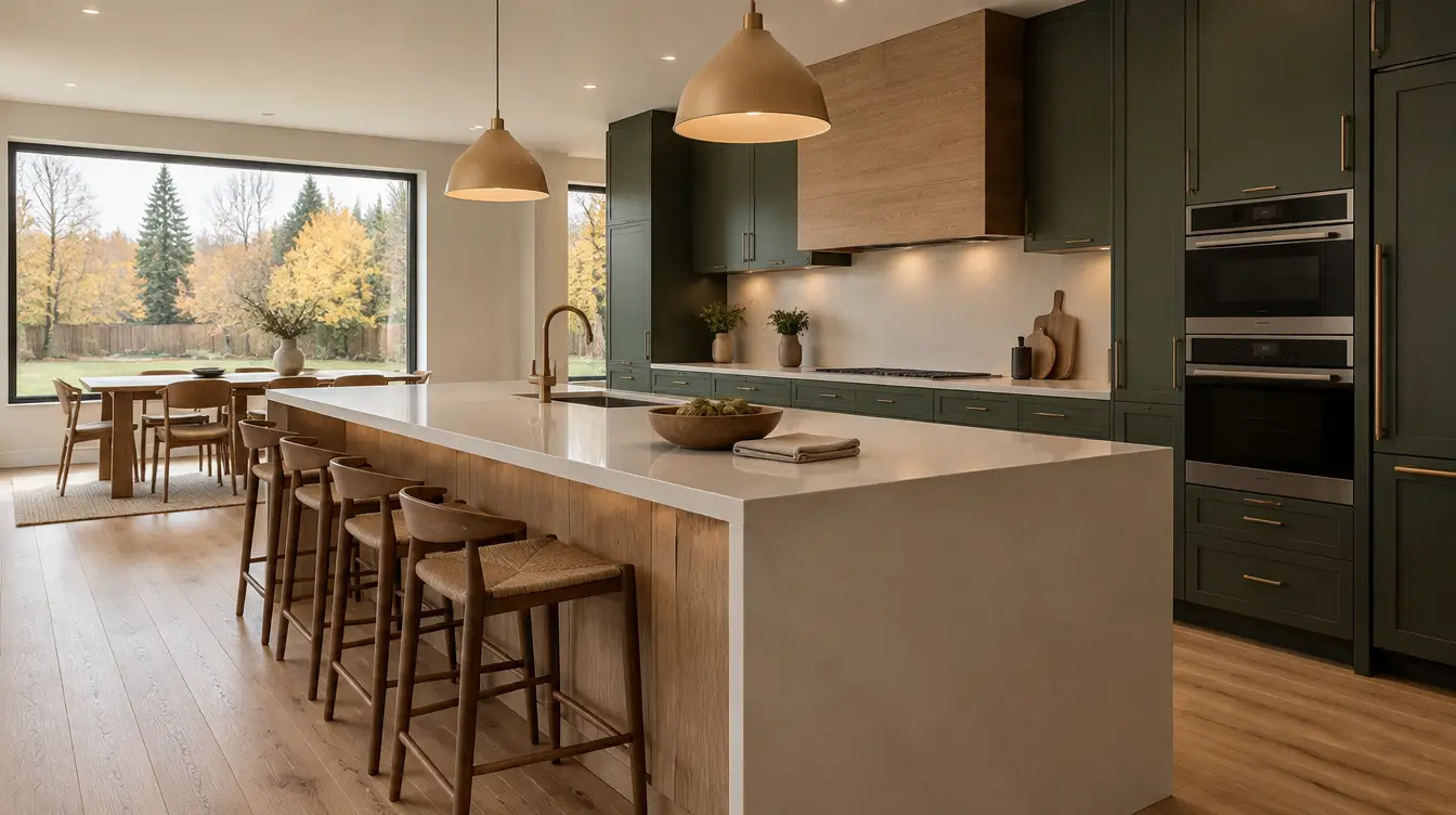 Representative oak and forest-green kitchen with warm task and pendant lighting