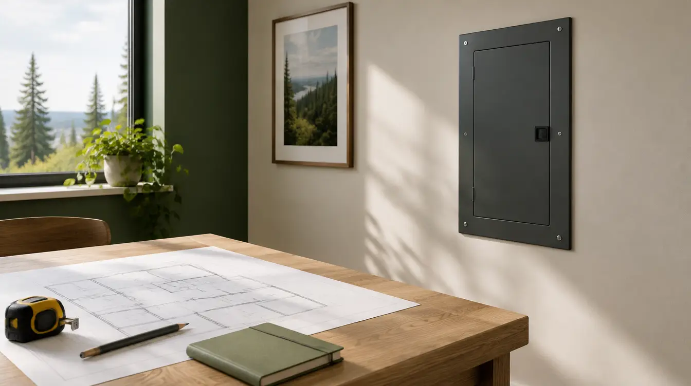 Closed electrical cabinet and project documents in a representative planning-room scene