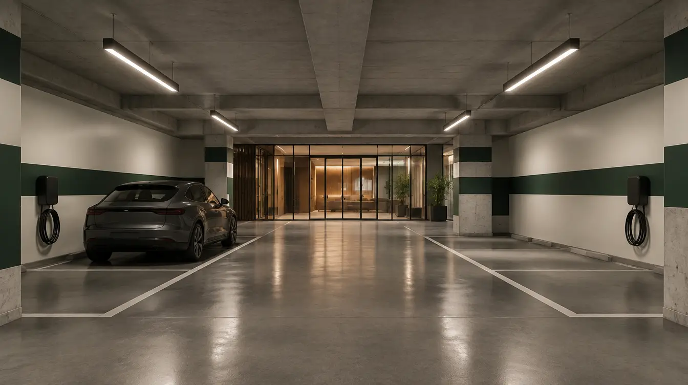 Representative condominium parkade showing shared parking and closed charging units