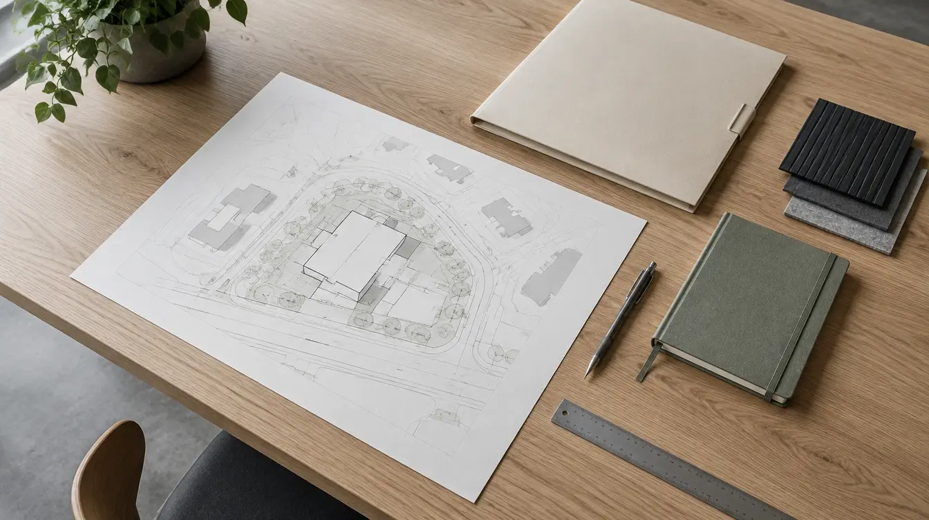 Architectural planning papers, notebook and material samples on a timber desk