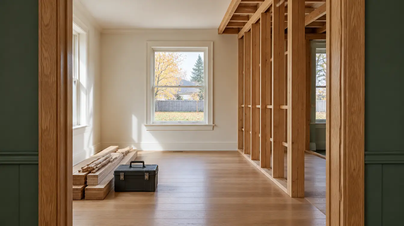 Representative home renovation showing open timber framing beside finished interior surfaces