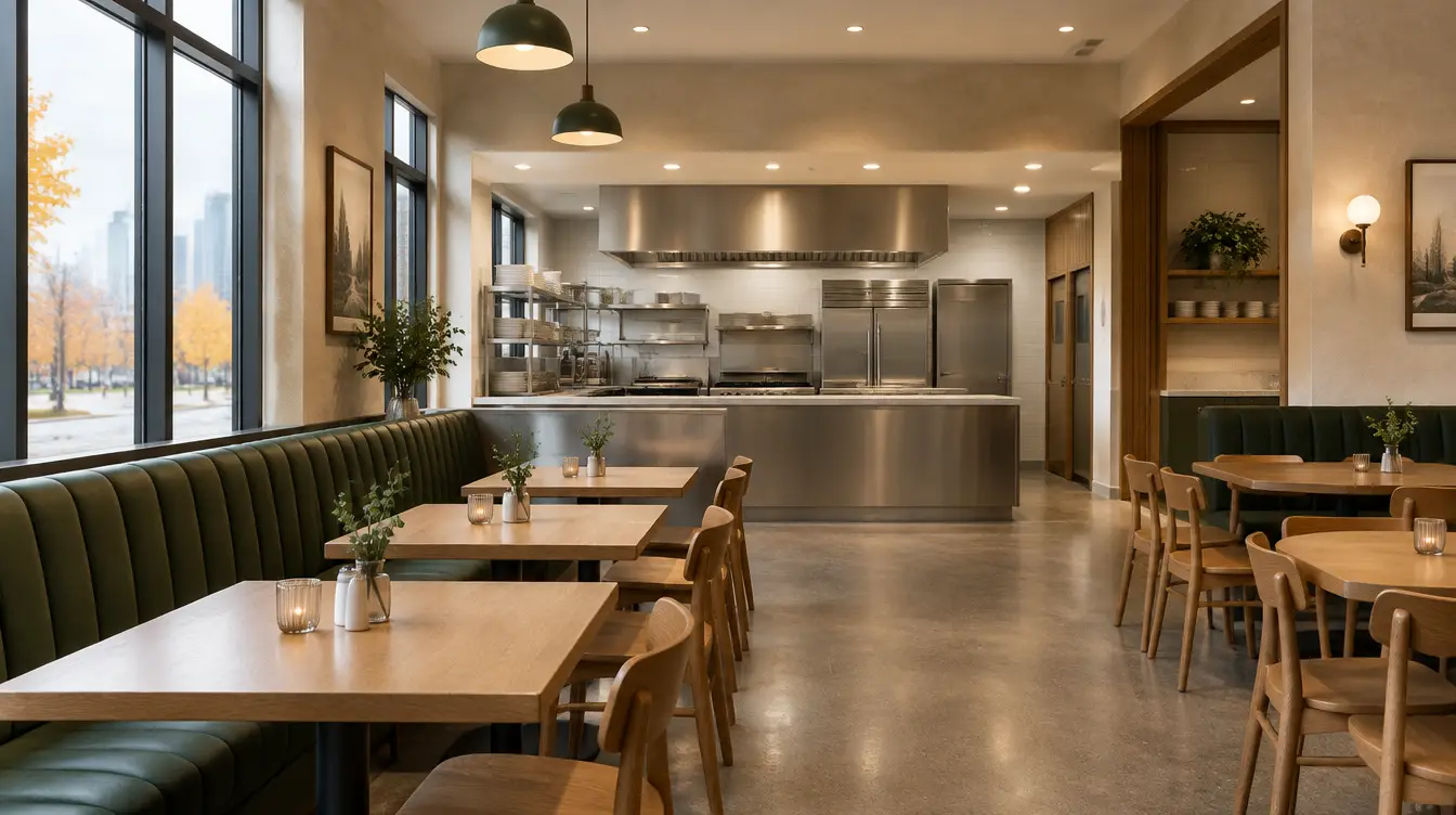 Representative neighbourhood restaurant with dining space and a stainless-steel kitchen beyond