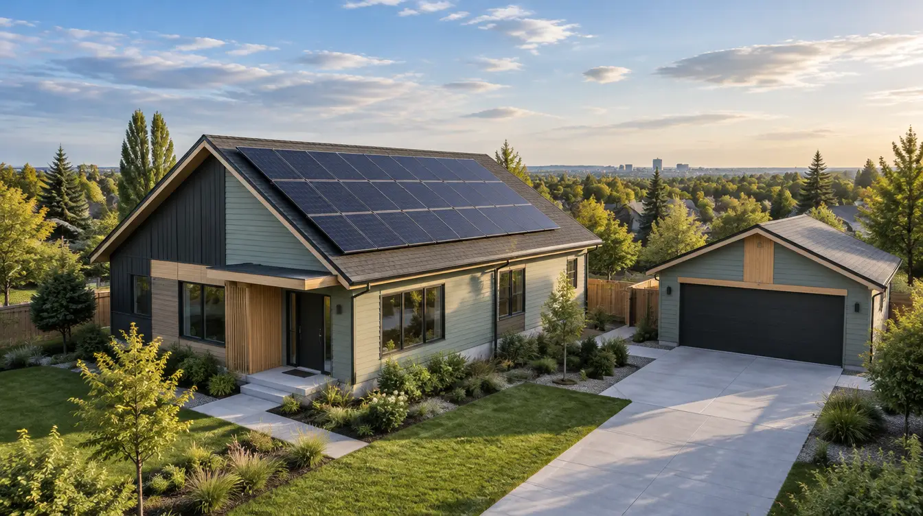 Representative low-rise home with rooftop solar and a detached garage
