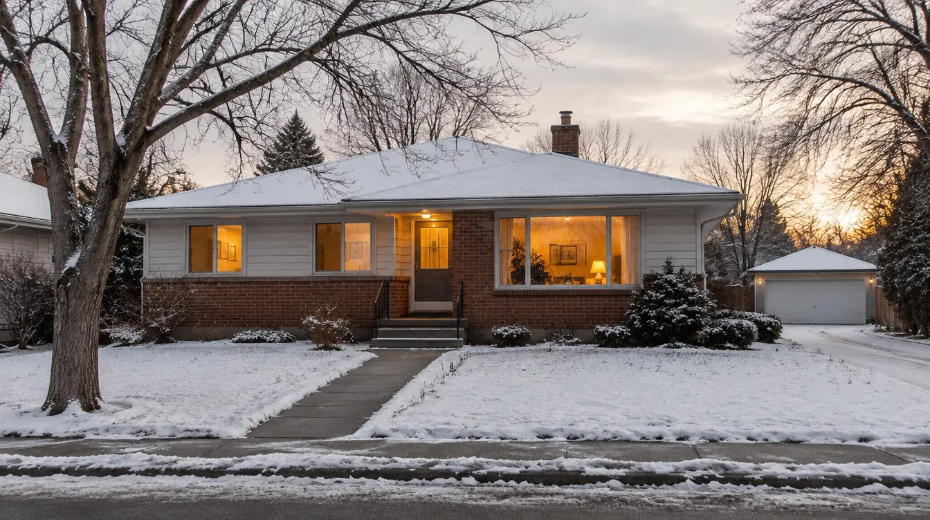 Representative older Canadian bungalow with snow, mature trees and warm windows